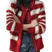 Women's Ugly Christmas Sweater Cardigan Sweater Jacket Crew Neck Ribbed Knit Wool Button Knitted Fall Winter Regular Outdoor Christmas Daily Stylish Casual Soft Long Sleeve Color Block Striped Black Lightinthebox - thumbnail