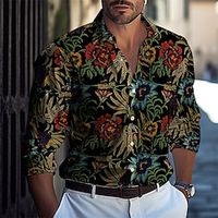 Men's Shirt Button Up Shirt Casual Shirt Summer Shirt Beach Shirt Light Yellow Black Yellow Navy Blue Blue Long Sleeve Floral Plants Lapel Hawaiian Holiday Button-Down Clothing Apparel Fashion Casual Lightinthebox