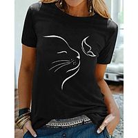 Women's T shirt Cat Graphic Print Round Neck Tops 100% Cotton Basic Basic Top White Black miniinthebox - thumbnail