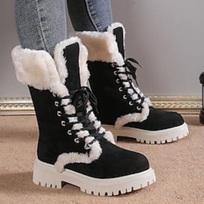 Women's Boots Snow Boots Combat Boots Plus Size Outdoor Work Daily Mid Calf Boots Chunky Heel Round Toe Casual Faux Suede Loafer Solid Color Camel Black Gray Lightinthebox