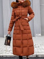 Hooded Fur Collar Belt Plain Coat - thumbnail