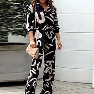 Women's Shirt Pants Sets Graphic Black Print Long Sleeve Casual Daily Fashion Shirt Collar Regular Fit Spring   Fall Lightinthebox