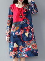 Vintage Flower Printed Chinese Frog Long Sleeve Dress