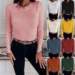 Women's Shirt Blouse caramel colour Black White Plain Long Sleeve Casual Basic Round Neck Regular S miniinthebox