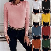 Women's Shirt Blouse caramel colour Black White Plain Long Sleeve Casual Basic Round Neck Regular S miniinthebox - thumbnail