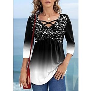 Women's T shirt Tee Color Gradient Black Purple Sequins Long Sleeve Daily Fashion V Neck Regular Fit Spring   Fall Lightinthebox