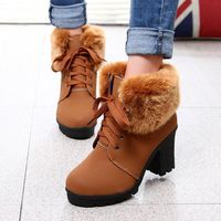 Block Fur Lining Ankle Chunky Heel Lace Up Boots
