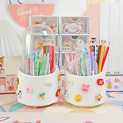 1pc PPPET Material Cartoon With Lid Rotating Pen Holder With 16 Soft Adhesive Stickers Cute Primary School Desk Stationery Storage Box Fashionable And Multifunctional Pen Holder Makeup Brush Holder Lightinthebox