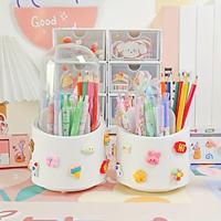 1pc PPPET Material Cartoon With Lid Rotating Pen Holder With 16 Soft Adhesive Stickers Cute Primary School Desk Stationery Storage Box Fashionable And Multifunctional Pen Holder Makeup Brush Holder Lightinthebox