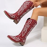 Women's Boots Cowboy Boots Plus Size Party Outdoor Mid Calf Boots Embroidery Chunky Heel Pointed Toe Vacation Vintage Casual PU Embroidered Red Brown Lightinthebox - thumbnail