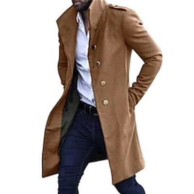 Men's Winter Coat Overcoat Trench Coat Outdoor Daily Wear Fall  Winter Polyester Thermal Warm Windproof Outerwear Clothing Apparel Fashion Streetwear Plain Pocket Standing Collar Single Breasted Lightinthebox