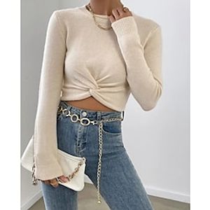 Women's Pullover Sweater jumper Jumper Crochet Knit Cropped Knitted Pure Color Crew Neck Casual Daily Holiday Winter Fall Beige S M L  Long Sleeve  Regular Fit Lightinthebox
