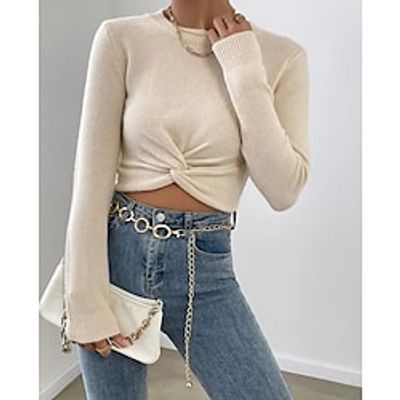 Women's Pullover Sweater jumper Jumper Crochet Knit Cropped Knitted Pure Color Crew Neck Casual Daily Holiday Winter Fall Beige S M L  Long Sleeve  Regular Fit Lightinthebox