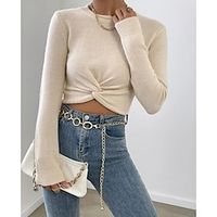 Women's Pullover Sweater jumper Jumper Crochet Knit Cropped Knitted Pure Color Crew Neck Casual Daily Holiday Winter Fall Beige S M L  Long Sleeve  Regular Fit Lightinthebox - thumbnail