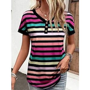 Women's T shirt Tee Henley Shirt Striped Pink Print Button Short Sleeve Daily Fashion V Neck Regular Fit Summer Lightinthebox