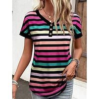 Women's T shirt Tee Henley Shirt Striped Pink Print Button Short Sleeve Daily Fashion V Neck Regular Fit Summer Lightinthebox - thumbnail