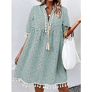 Women's Sundress Summer Dress Graphic Tassel Fringe Drawstring V Neck Midi Dress Boho Work Date Half Sleeve Loose Fit Green Summer Spring S M L XL XXL Lightinthebox