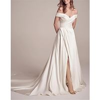 Beach Little White Dresses Wedding Dresses A-Line Off Shoulder Regular Straps Court Train Satin Bridal Gowns With Pleats Ruched 2024 Lightinthebox