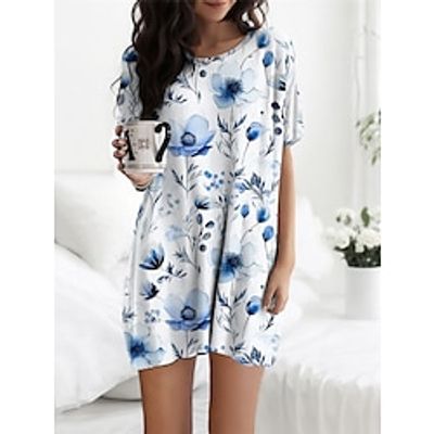Women's T shirt Tee Floral Casual Daily White Blue Print Short Sleeve Fashion Round Neck Regular Fit Summer Lightinthebox
