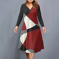 Women's Casual Dress Work Dress Swing Dress Midi Dress Black Blue Wine Long Sleeve Geometric Print Winter Fall Spring V Neck Fashion Office Daily Weekend 2022 S M L XL 2XL 3XL 4XL 5XL 6XL Lightinthebox - thumbnail