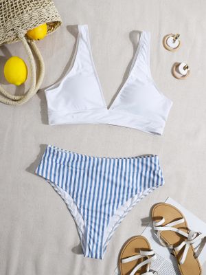 Blue Striped Print V-neck High Waist Bikini Set Blue Striped Print V-neck High Waist Bikini Set