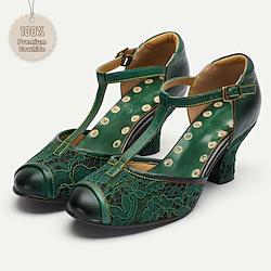 Women's Heels Retro Mary Jane Lace Cone Heel Chunky Heel Cuban Heel Round Toe Elegant Vintage Lace Leather Ankle Strap Green Lightinthebox