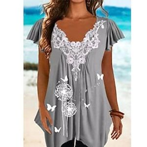 Women's Shirt Blouse Black Pink Blue Butterfly Dandelion Lace Asymmetric Short Sleeve Casual Holiday Basic V Neck Long Floral Butterfly S Lightinthebox
