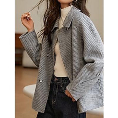 Women's Pea Coat Winter Coat Double Breasted Lapel Trench Coat Thermal Warm Heated Coat Fall Windproof Cropped Jacket with Pocket Outerwear Long Sleeve Gray miniinthebox
