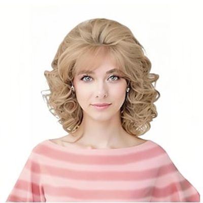 Vintage Short Blonde Beehive Wig with Bangs Curly Wavy Heat Resistant Synthetic Hair Wigs for Women fits 70s 80s Costume or Halloween and Party miniinthebox