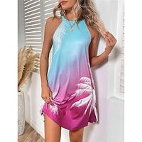 Women's Casual Dress Summer Dress Tree Print Halter Neck Mini Dress Streetwear Hawaiian Holiday Vacation Sleeveless Regular Fit Blue Summer S M L XL XXL Lightinthebox