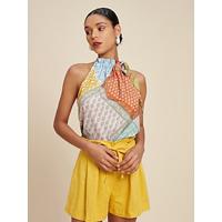 Satin Colorful Silk Scarf Print Stand Collar Tie Sleeveless Top