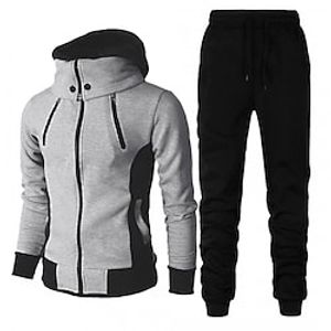 Men's Hoodie Tracksuit Sweatsuit Jogging Suits Light Grey Dark Gray White Hooded Color Block Patchwork 2 Piece Sports  Outdoor Daily Sports Basic Casual Big and Tall Fall Spring Clothing Apparel Lightinthebox