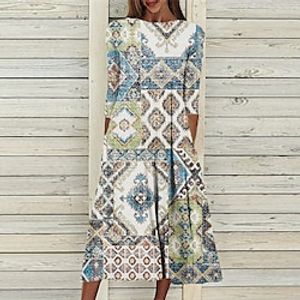 Women's Shift Dress Midi Dress Blue Yellow Rainbow 3/4 Length Sleeve Geometric Ruched Print Fall Winter Round Neck Casual Vacation 2022 S M L XL XXL 3XL miniinthebox