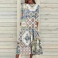Women's Shift Dress Midi Dress Blue Yellow Rainbow 3/4 Length Sleeve Geometric Ruched Print Fall Winter Round Neck Casual Vacation 2022 S M L XL XXL 3XL miniinthebox - thumbnail
