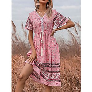 Women's A Line Dress Knee Length Dress Blushing Pink Multi Color Geometic Elastic Waistband Print Spring Summer V Neck Bohemian Style Casual 2021 S M L XL  Cotton Lightinthebox