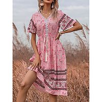 Women's A Line Dress Knee Length Dress Blushing Pink Multi Color Geometic Elastic Waistband Print Spring Summer V Neck Bohemian Style Casual 2021 S M L XL  Cotton Lightinthebox - thumbnail