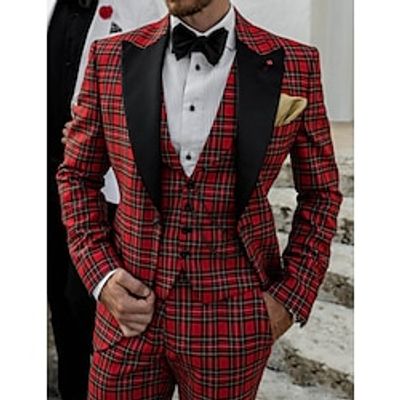 Red Black Men's Wedding Suits 3 Piece Plaid Checkered Christmas Wear Tailored Fit Single Breasted One-button 2023 Lightinthebox