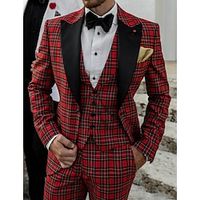 Red Black Men's Wedding Suits 3 Piece Plaid Checkered Christmas Wear Tailored Fit Single Breasted One-button 2023 Lightinthebox - thumbnail
