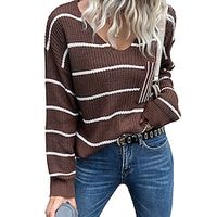 Women's Pullover Sweater Jumper Ribbed Knit Knitted Striped V Neck Stylish Casual Outdoor Daily Fall Winter Coffee S M L / Long Sleeve miniinthebox - thumbnail