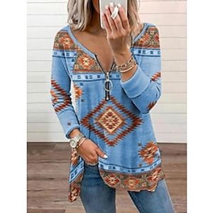 Women's Shirt Blue Geometric Quarter Zip Print Long Sleeve Casual Basic Ethnic V Neck Regular Geometric S miniinthebox