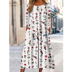Women's Casual Dress Shift Dress Swing Dress Floral Pocket Print Crew Neck Midi Dress Active Streetwear Outdoor Daily 34 Length Sleeve Regular Fit White Winter Fall S M L XL XXL Lightinthebox