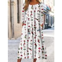 Women's Casual Dress Shift Dress Swing Dress Floral Pocket Print Crew Neck Midi Dress Active Streetwear Outdoor Daily 34 Length Sleeve Regular Fit White Winter Fall S M L XL XXL Lightinthebox - thumbnail
