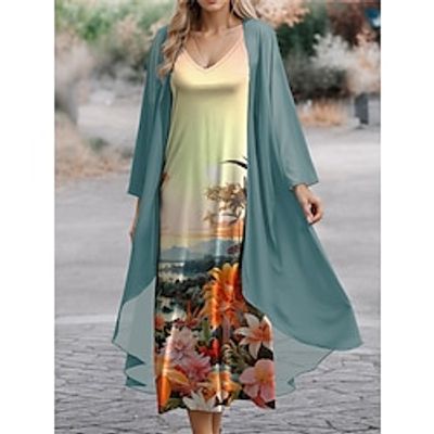 Women's Two Piece Dress Set Casual Dress Chiffon Dress Outdoor Office Fashion Streetwear Print Long Dress Maxi Dress V Neck Long Sleeve Floral Regular Fit Yellow Blue Purple Spring S M L XL XXL Lightinthebox