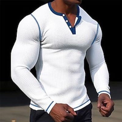 Men's T shirt Tee Waffle Henley Shirt Henley Shirt Tee Top Long Sleeve Shirt Plain Raglan Sleeve Henley Street Vacation Long Sleeve Patchwork Clothing Apparel Fashion Designer Basic miniinthebox