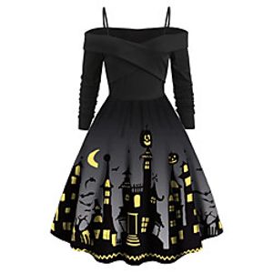 Women's A Line Dress Knee Length Dress Purple Green Royal Blue Orange Black Red Long Sleeve Print Print Fall Off Shoulder Casual Halloween 2021 S M L XL XXL 3XL 4XL 5XL miniinthebox