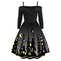 Women's A Line Dress Knee Length Dress Purple Green Royal Blue Orange Black Red Long Sleeve Print Print Fall Off Shoulder Casual Halloween 2021 S M L XL XXL 3XL 4XL 5XL miniinthebox - thumbnail