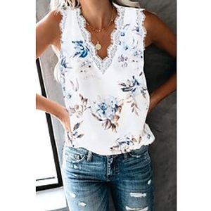 Women's Daily Weekend Floral Tank Top Camis Floral Leopard Sleeveless Lace Trims Print V Neck Casual Streetwear Tops White Black Blue S  3D Print Lightinthebox