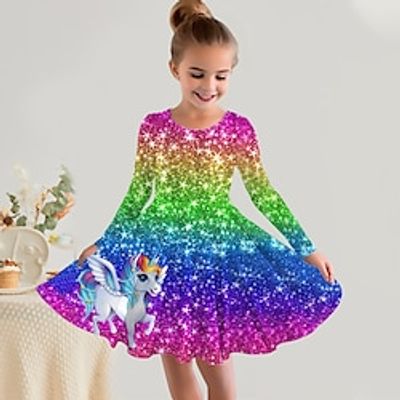 Girls' 3D Rainbow Unicorn Dress Long Sleeve 3D Print Fall Winter Sports  Outdoor Daily Holiday Cute Casual Beautiful Kids 3-12 Years Casual Dress A Line Dress Above Knee Polyester Regular Fit Lightinthebox