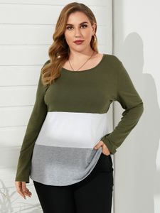 Plus Size Round Neck Color Block Long Sleeves Tee