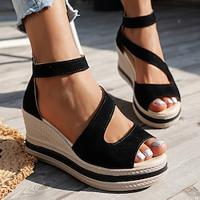 Women's Sandals Wedge Sandals Daily Cut-out Zipper Wedge Peep Toe Casual Cloth Zipper Black Brown Lightinthebox